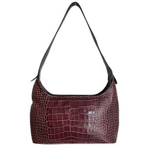 Vintage Longchamp Crocodile Croc Embosed Leather Shoulder Bag Burgundy Y2K